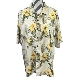 Seven Palm Size XL 100% Silk Yellow Floral Green Frond Mens Hawaiian Camp Shirt